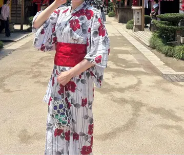 빨간 꽃무늬 (동백) 유카타 오비 포함 GRL