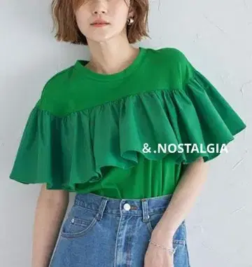 1회 착용 노스탤지어 프릴 도킹 티셔츠 상의 그린 M