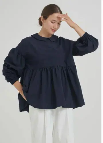 yori 요리 플랫 칼라 티어드 블라우스 풀오버 긴팔 네이비
