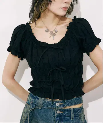 면 레이스 퍼프 소매 톱