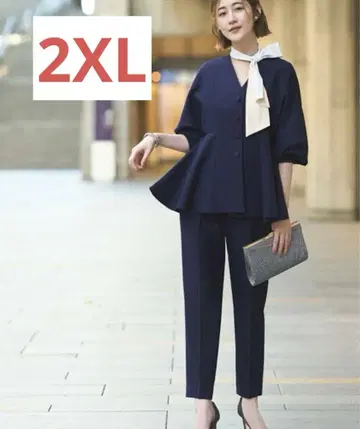 루이루에 2XL 노카라 돌먼 슬리브 페플럼 팬츠 수트 2개 세트 네이비