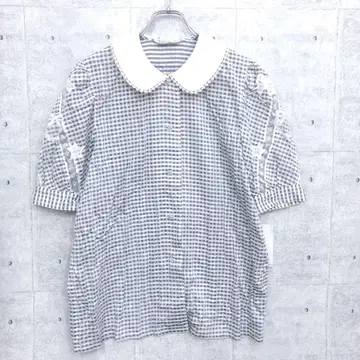 OH atelier emi 별 리본 자수 깅엄 체크 무늬 레이스 블라우스