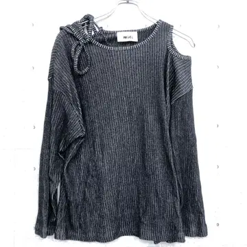 mici 넥라인 리본 컷오프 비대칭 리브 니트탑