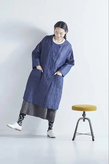 아틀리에 나루세 린넨 데님 W 버튼 스프링 코트 인디고 택 포함 새상품