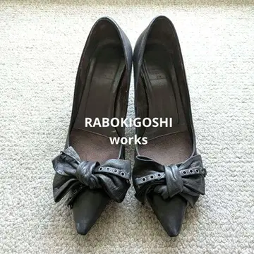 라보키고시 웍스 천연 가죽 리본 힐 블랙 펌프스 22.5cm
