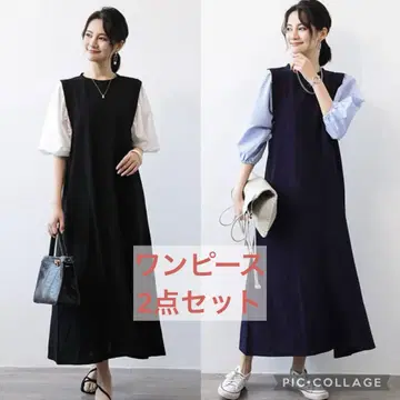 원피스 반팔 세트 M 퍼프 슬리브 블랙 네이비 보더