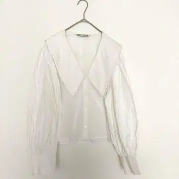 ZARA 카라 부착 블라우스 화이트 M 퍼프 슬리브 크롭 길이 코튼
