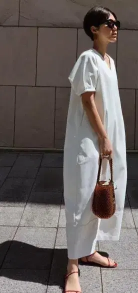 마차트 machatt 피케 V넥 롱 원피스 퍼프 슬리브 화이트