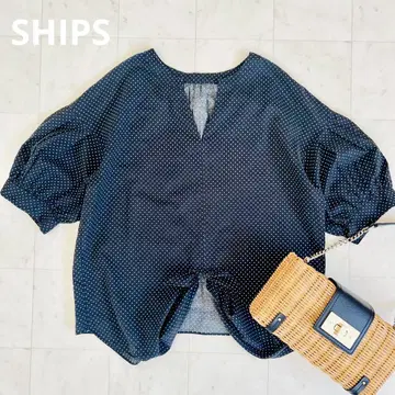 SHIPS 쉽스 도트 퍼프 슬리브 리본 블라우스 블랙 블랙 도트 화이트