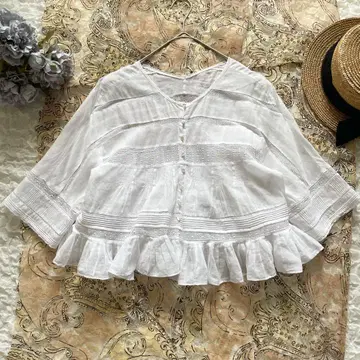 맥피 코튼 린넨 레이스 블라우스 티어드 프릴 크로 셰 뜨개질 사이즈 38