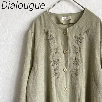 Dialougue 셔츠 노카라 7부 소매 꽃무늬 자수 스트라이프 슬릿