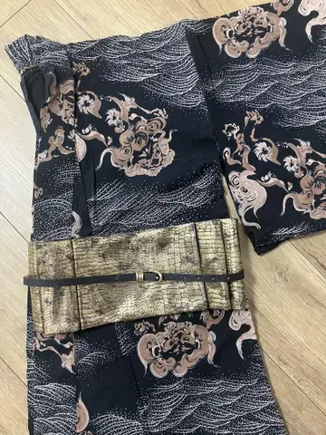 당사자 패턴 유카타 + 골드 뱀피 패턴 오비 + 벨트 세트