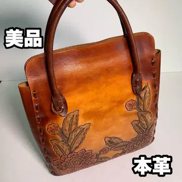 새상품급 천연 가죽 카빙 가죽 꽃무늬 조각 토트백 브라운 핸드백