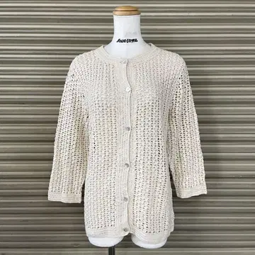 에디 바우어 핸드 크로셰 7부 소매 린넨 혼방 니트 가디건 겉옷