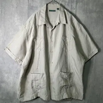 고급 린넨 레이온 자수 쿠바 셔츠 베이지