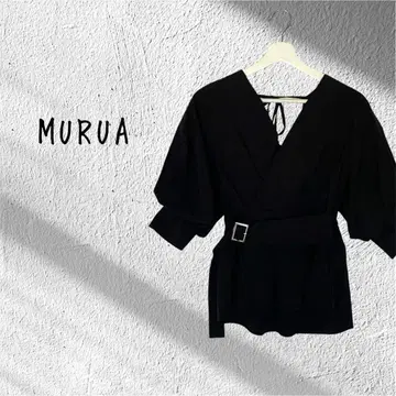 MURUA 백 리본 볼륨 소매 반팔 랩 탑 벨트 포함 블랙