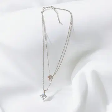 실버 큐빅 크로스 레이어드 목걸이 2줄 925