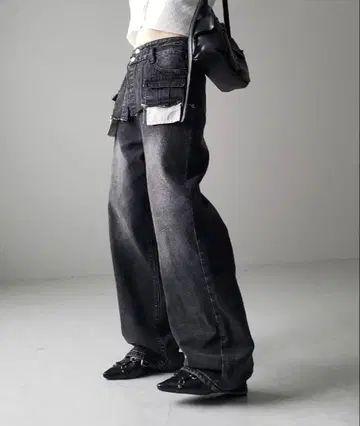 me+emselect 더블 허리 데미지 레이어드 빈티지 루즈 데님