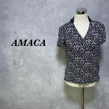 AMACA 티셔츠 올 패턴 슬릿 절개 스트레치 화이트 네이비 L 4008