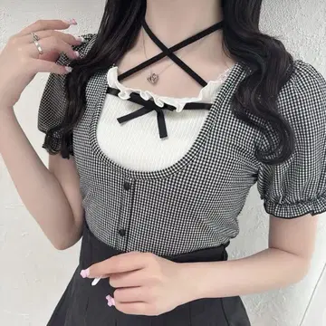 evelyn 에블린 넥 리본 TP 상의 깅엄