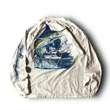 USA 구제 GuyHarvey 피싱 백 프린트 긴팔 포켓 티 화이트 L