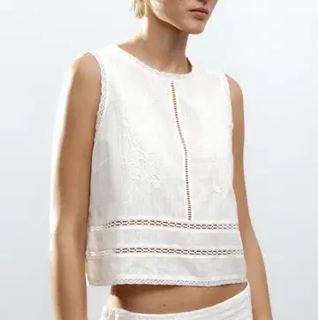 ZARA ZW COLLECTION 자수 장식 탑 에크루 화이트 슬리브리스