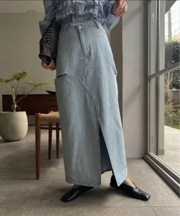 데님 롱 스커트 라이트 블루