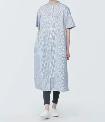 새상품급 무인양품 브로드 스탠드 카라 롱 셔츠 원피스 반팔 체크