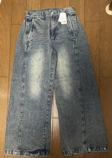 2WAY 빈티지 가공 큐빅 와이드 배럴 데님 팬츠