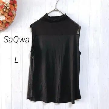 sQwa 슬리브리스 실크 티셔츠 블랙 L 하이넥 레이스 실크 얇음