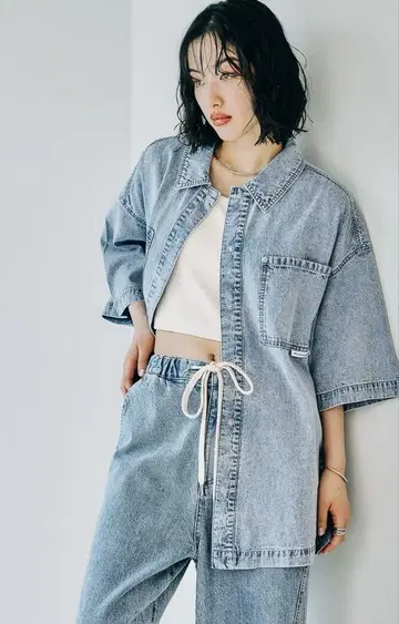 렙심 5부 소매 데님 셔츠