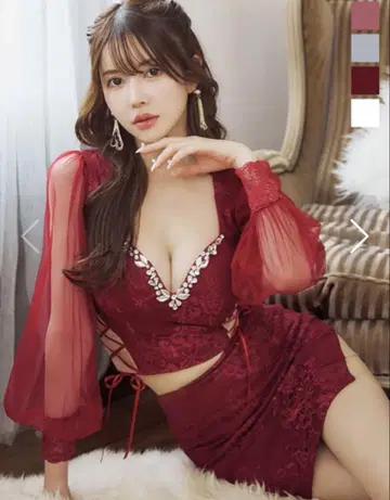 JEWELS 와인 레드 시스루 긴팔 타이트 드레스