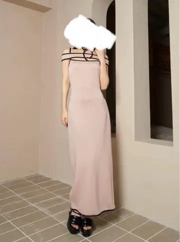 Darich 파이핑 컷 리본 롱 원피스 BEG