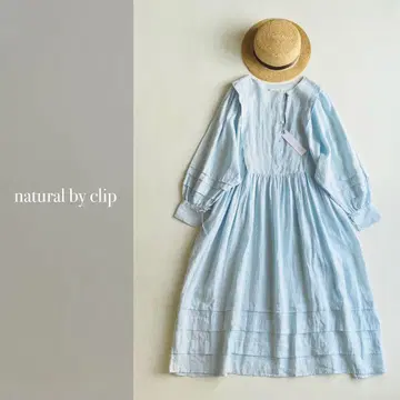 natural by clip 린넨 100% 턱 원피스 색스 블루