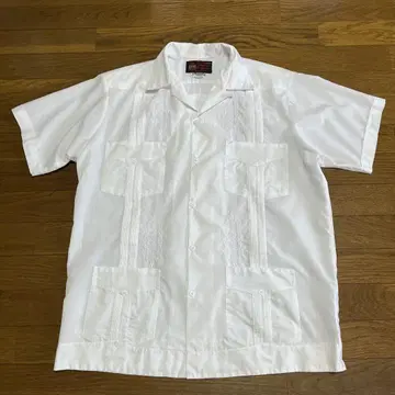 80s 90s 멕시코제 쿠바 셔츠 흰색 자수 올 화이트
