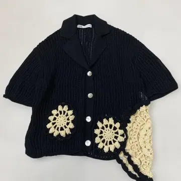 새상품급 ZARA 자라 크로셰 뜨개 오픈 카라 니트 셔츠 가디건 블랙