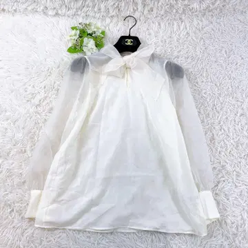 유나이티드 애로우즈 시어 보타이 블라우스 리본 오간자 퍼프 화이트