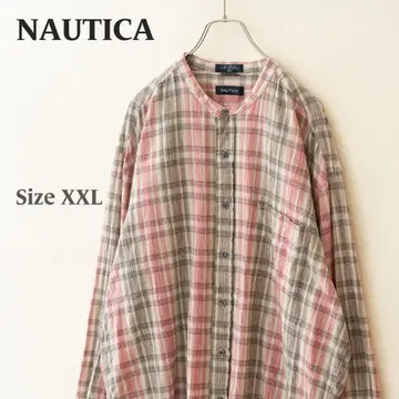 NAUTICA 노티카 린넨 혼방 밴드 카라 체크 긴팔 셔츠 2XL