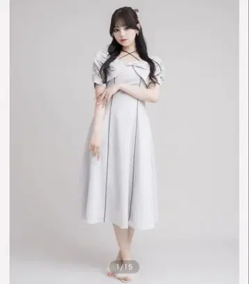 pium 프론트 리본 플레어 롱 원피스 블루 그레이