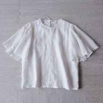컨디션 최상 쉽스 라미 숏 슬리브 백리본 블라우스 화이트 린넨