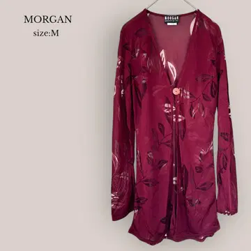 모건 MORGAN 새상품급 시어 가디건 리프 무늬 프랑스제
