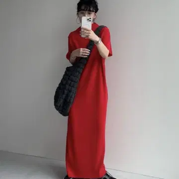 심플 반팔 롱 원피스 레드 블랙