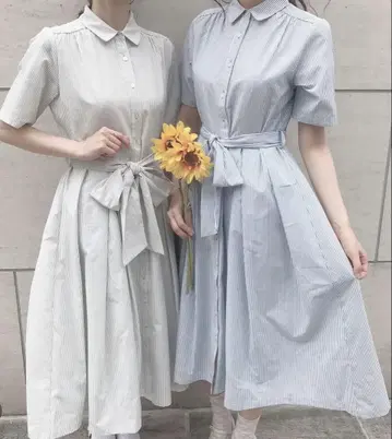 리본 벨트 스트라이프 셔츠 원피스 핀트
