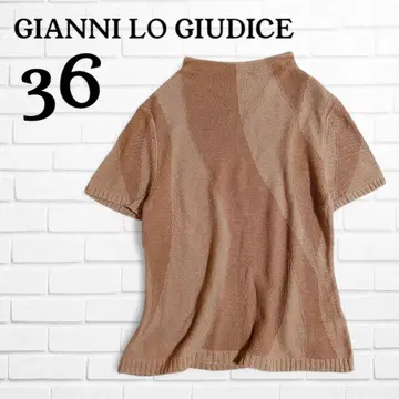 Gianni Judi 하이넥 반팔 코튼 니트 줄무늬 36 S 브라운