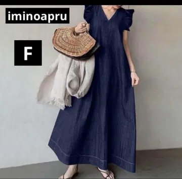 iminoapru 프릴 소매 V넥 롱 데님 원피스 네이비 얇은 소재