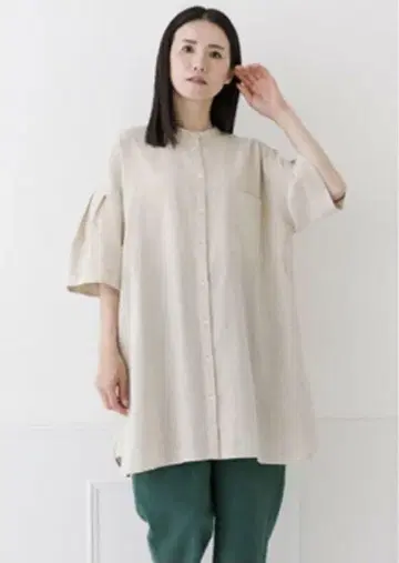 새상품 crea delice 코튼 린넨 면마 밴드 카라 롱 블라우스