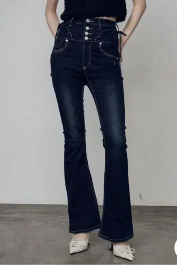 EMODA 데님 팬츠 리본 스트링 플레어 하이 웨스트 파긴스 xs