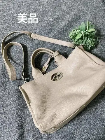 2WAY 베이지 가죽 숄더백 천연 가죽 엘레강트 새상품급