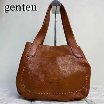 genten 겐텐 핸드백 로고 스티치 가죽 브라운 천연 가죽