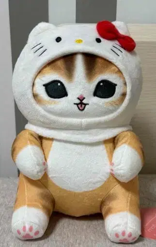 고양이 봉제 인형 화이트 후드 빨간색 리본